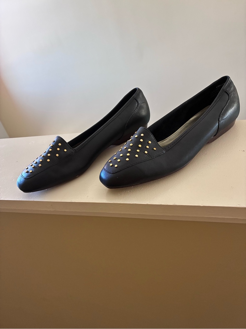 Vintage Victoria Spencer Black Studded Genuine Leather Slip-On Loafers for Women